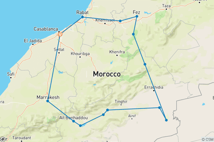 Map of 8 days Imperial Cities Morocco Cultural Tour From Casablanca