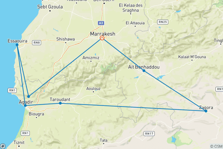 Carte du circuit Sud du Maroc - 8 jours