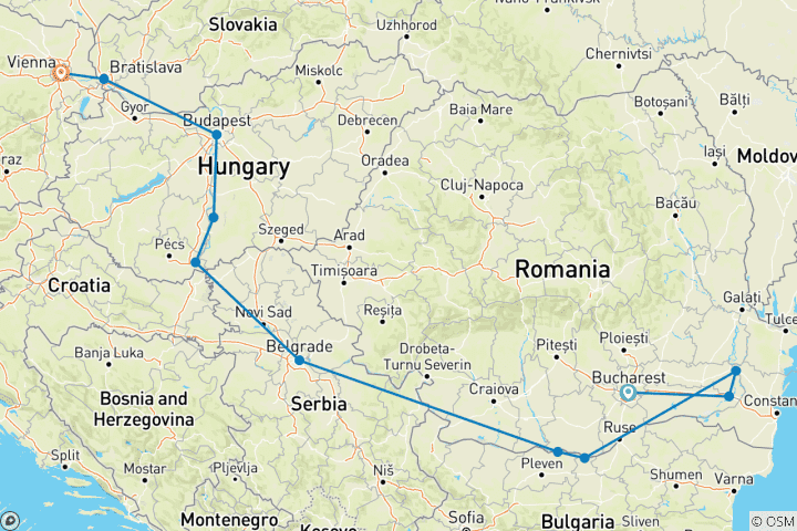 Karte von 1.200 Meilen entlang der Donau (Bukarest - Wien)