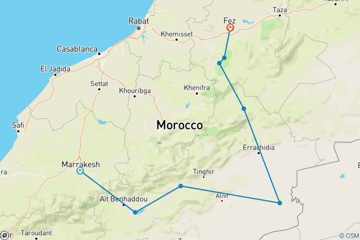 Carte du circuit 3 jours - Circuit au Sahara - Marrakech à Fès via Merzouga, Maroc