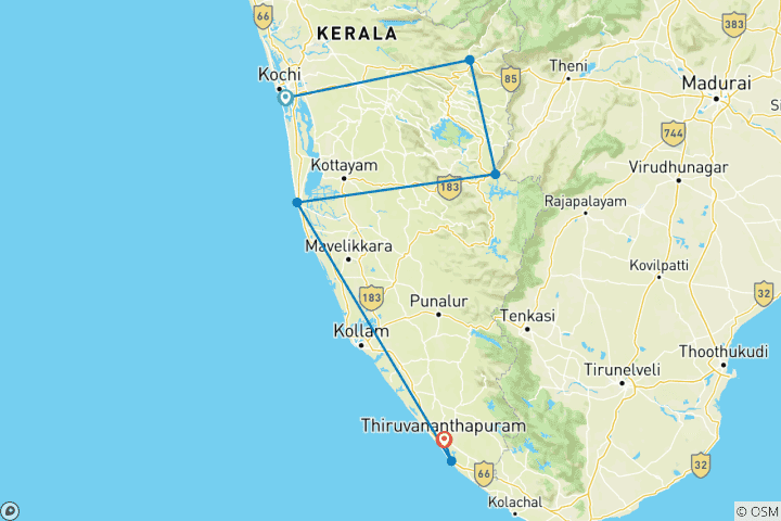 Mapa de Paquete turístico de 6 noches y 7 días en Kerala