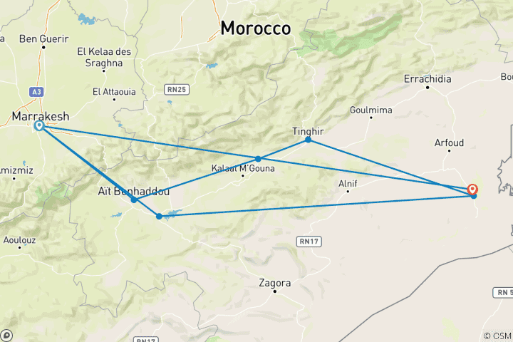 Carte du circuit Au départ de Marrakech, circuit de 3 jours dans le désert de Merzouga et du Sahara