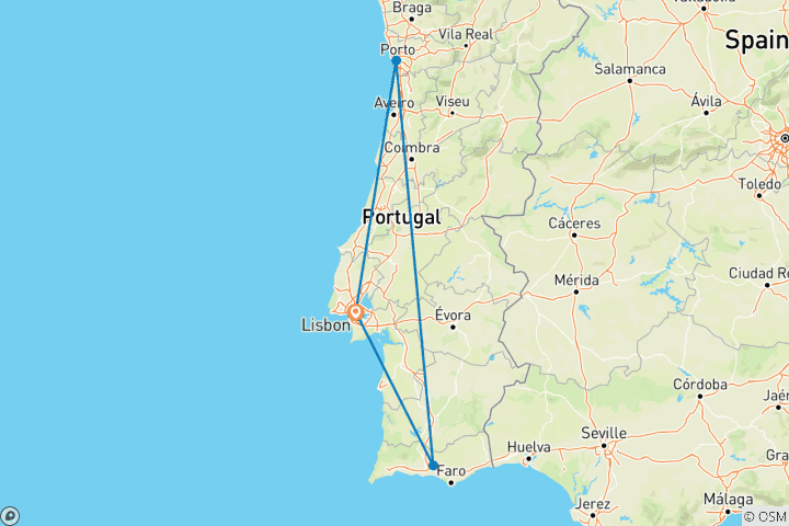 Carte du circuit 12 jours à la découverte de Lisbonne, Porto et l'Algarve