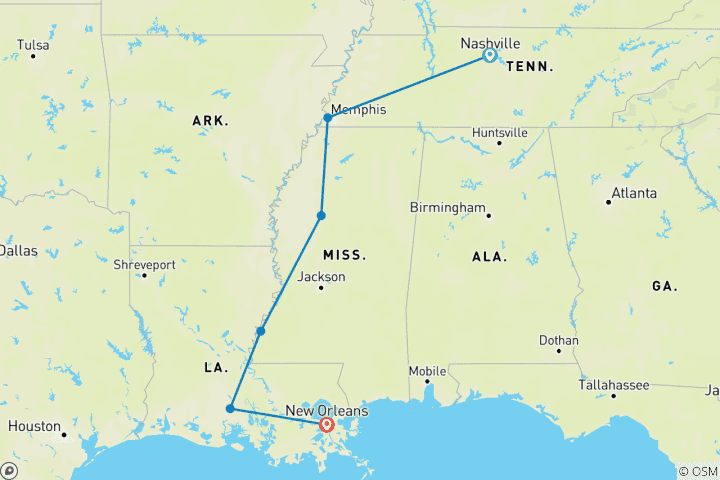 Map of Country Roads of the Deep South, a Women-Only Tour (Small Group)