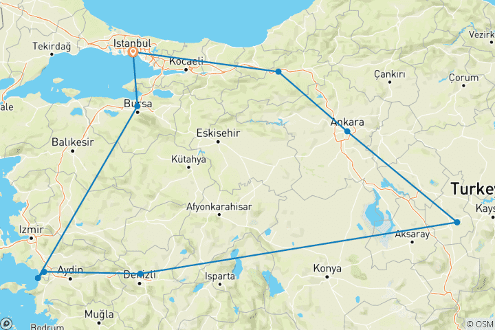 Map of 9 Day Turkey Big Bus Tour