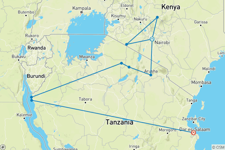 Carte du circuit Geluxe : Afrique de l'Est : safaris, randonnées en montagne & trekking avec les chimpanzés