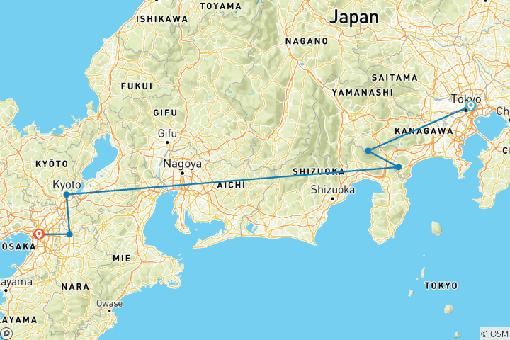 Carte du circuit Voyage lune de miel au Japon - 8 jours (guide et chauffeur privés)