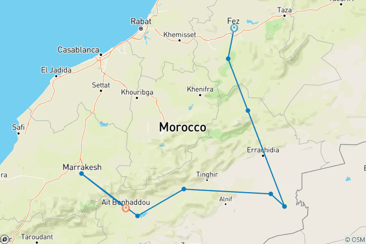 Map of 4 Days Tour from Fes to Marrakech via Merzouga, Morocco