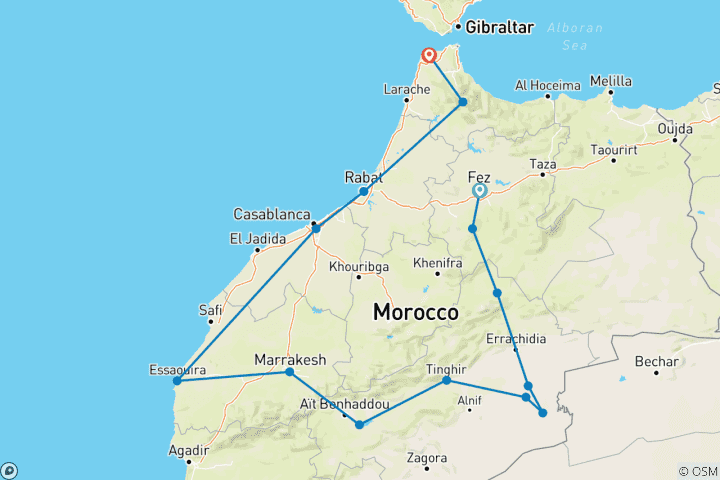 Map of 12 Days Ultimate Morocco Guided Tour Fes to Tanger