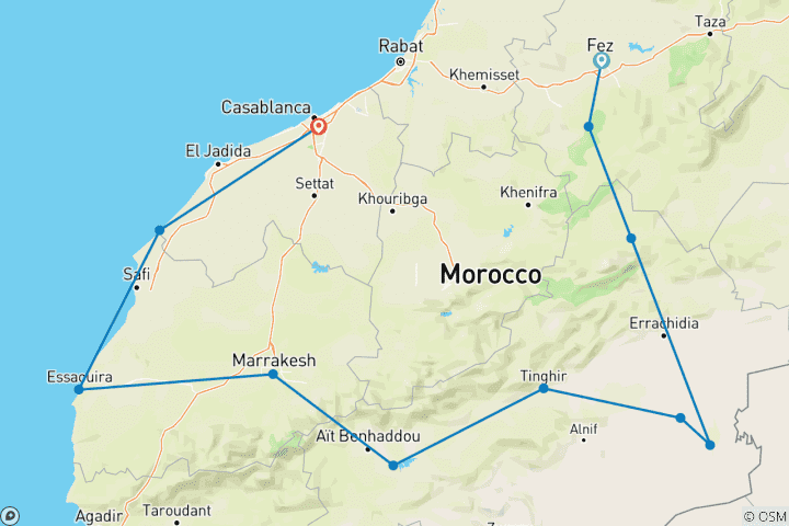 Map of 8 Days Desert - Coastal Guided Tour - From Fes to Casablanca