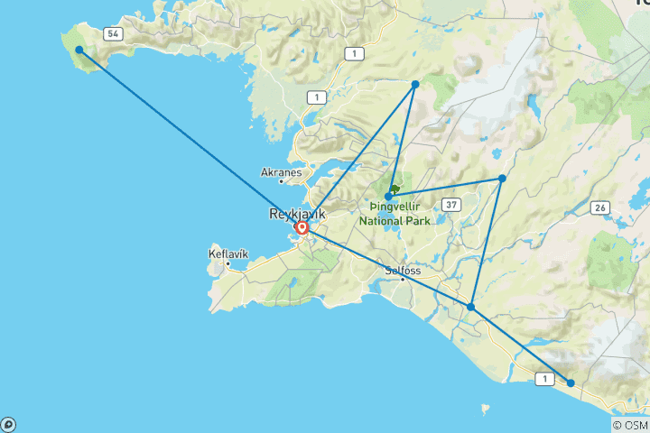 Kaart van Geluxe: IJsland: schiereiland Snæfellsnes, vulkanen & wandelen in Húsafell