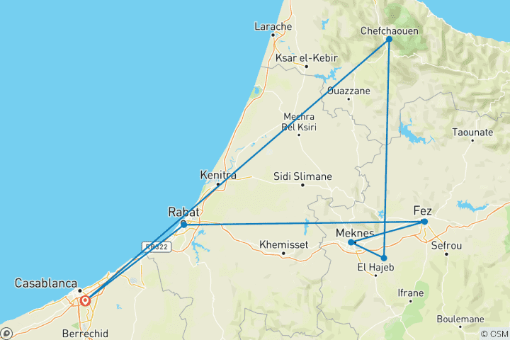 Kaart van 5 dagen keizerlijke Rondreis door door Marokko van Casablanca naar Fes