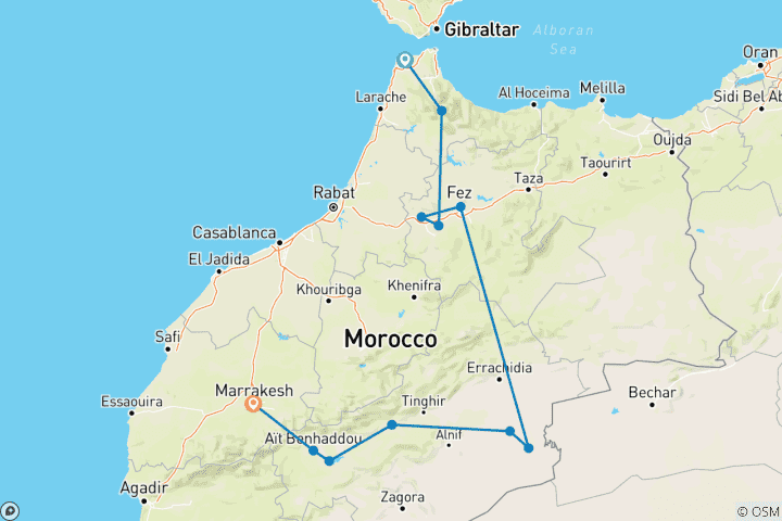 Kaart van 11 dagen speciale Marokko –expeditie van Tanger naar Marrakech Marokko rondreizen vanuit Tanger