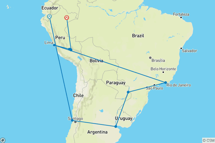 Mapa de Lo mejor de Sudamérica con crucero por el Amazonas Santiago → Iquitos (2025)