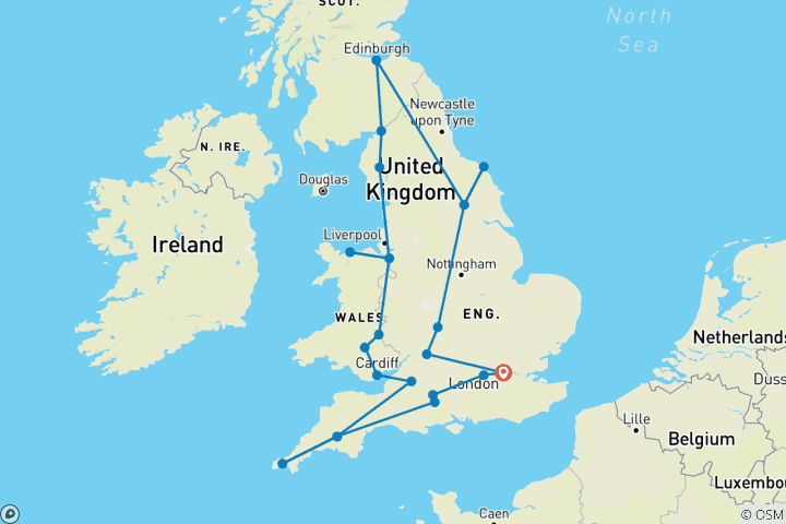 Carte du circuit Les incontournables de la Grande-Bretagne - 13 Jours/12 Nuits