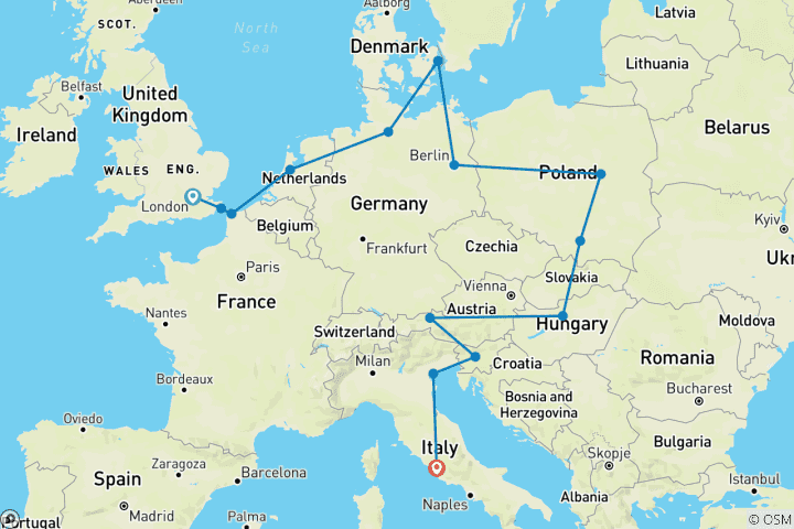 Kaart van Vistas van Londen naar Rome (zomer, start Londen, 20 dagen)