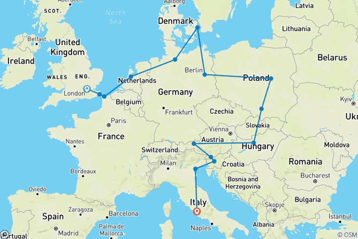 Carte du circuit Londres-Rome Vistas (été, départ d'Amsterdam, 20 jours)