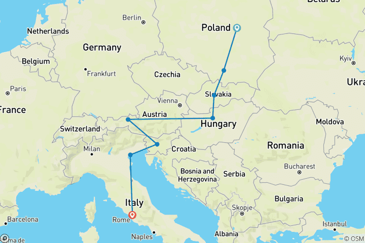 Map of Warsaw to Rome Vistas (Summer, 11 Days)