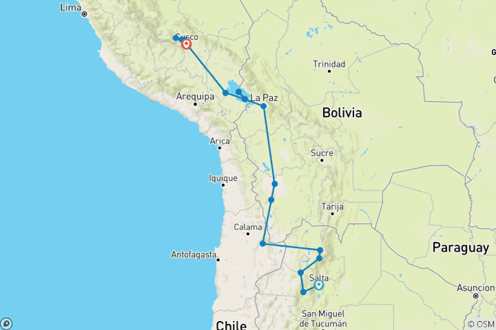 Map of 19-Days Epic South American Adventure; 4 Countries in 1 Trip