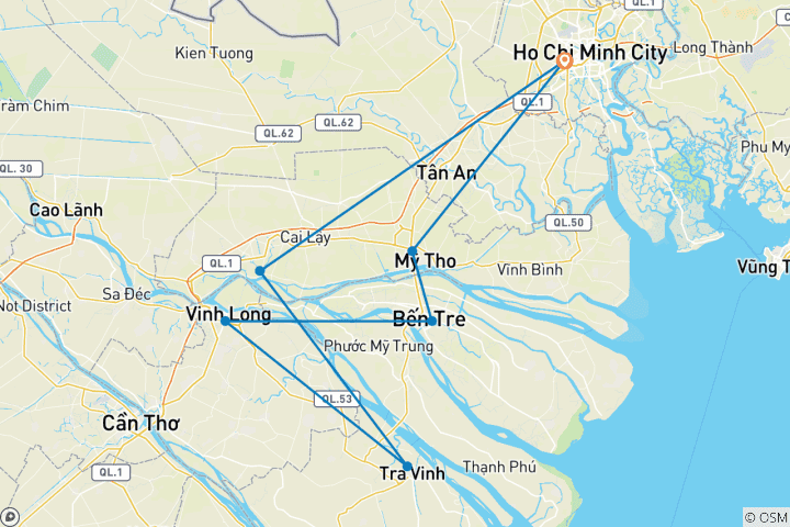 Karte von Mekong Fluss mit dem Fahrrad und Boot 3 Tage