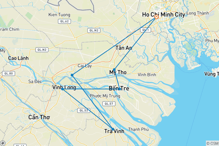 Karte von Mekong Fluss mit dem Fahrrad und Boot 3 Tage