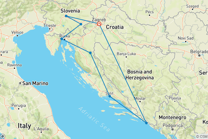 Carte du circuit Découverte de la Croatie, de la Slovénie et de la côte Adriatique (2025)