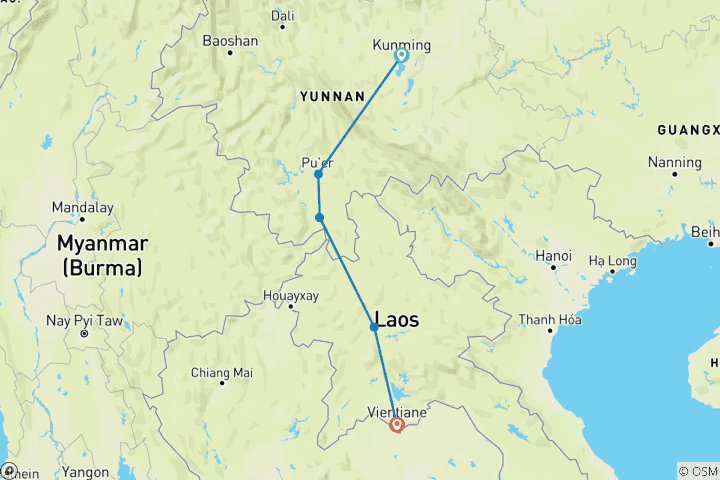 Kaart van Per trein van China naar Laos