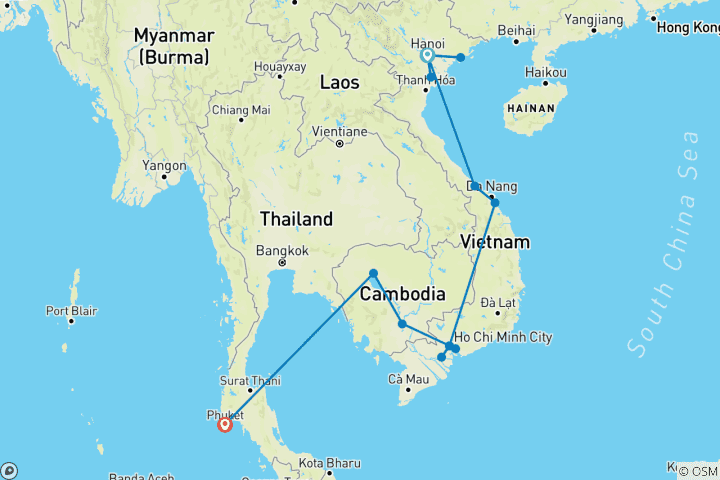 Mapa de Odisea Vietnam - Camboya - Tailandia en 22 días