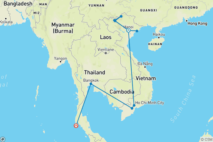 Map of Luxury Vietnam and Thailand Tour In 14 Days