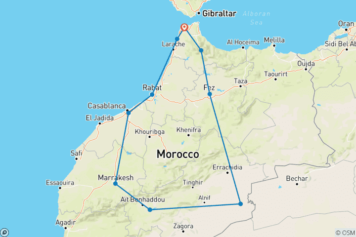 Kaart van 10-daagse rondreis: De grote rondreis door Marokko met vertrek vanuit Tanger