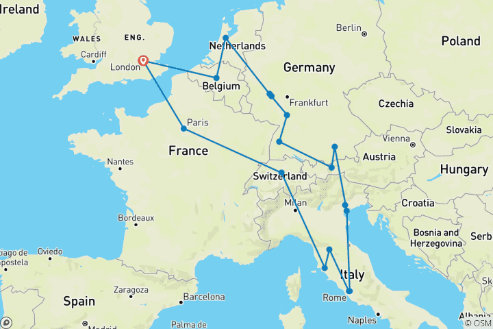 Karte von Europäischer Trubel (Sommer, Endpunkt London, 13 Tage)