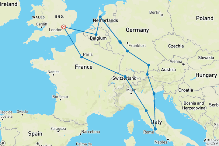 Karte von Quer durch Europa (Winter, bis London) - 13 Tage