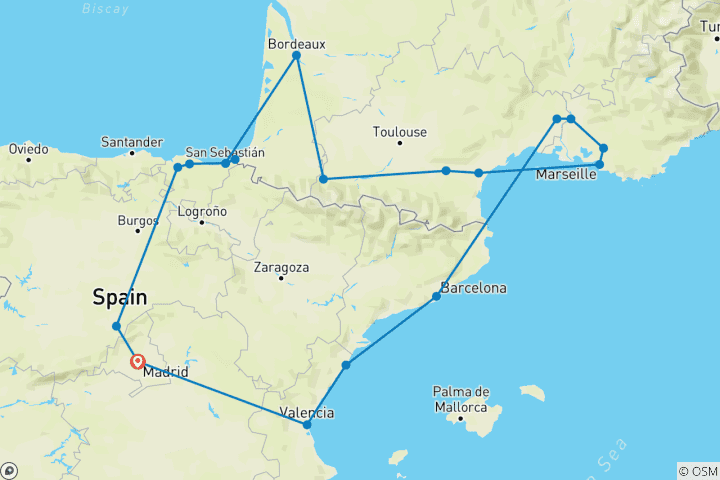 Carte du circuit Pays basque, Lourdes, Provence et Barcelone