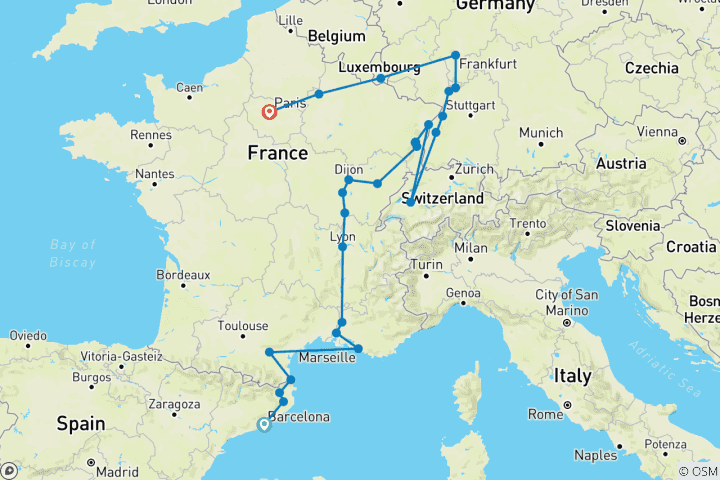 Mapa de Cataluña, sur de Francia, Borgoña, Alsacia y Selva Negra (26 destinations)