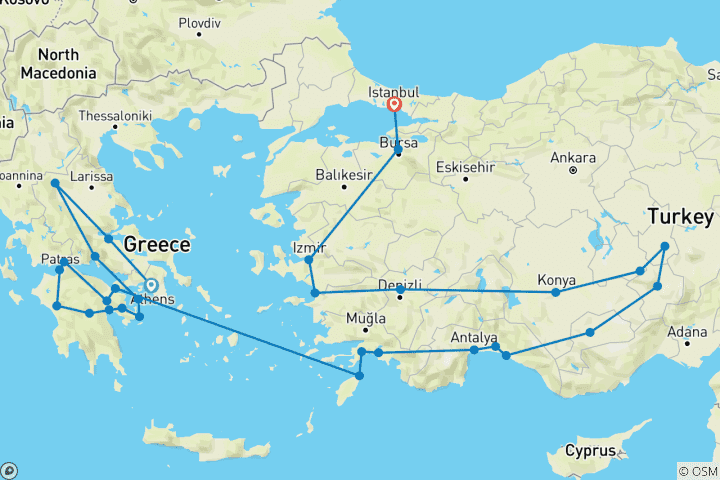 Carte du circuit Grèce complète et circuit turc (30 destinations)