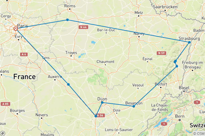 Carte du circuit Les charmes de la Bourgogne et de l'Alsace (11 destinations)