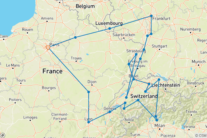 Map of France and Switzerland with Alsace and Black Forest (including Fribourg)