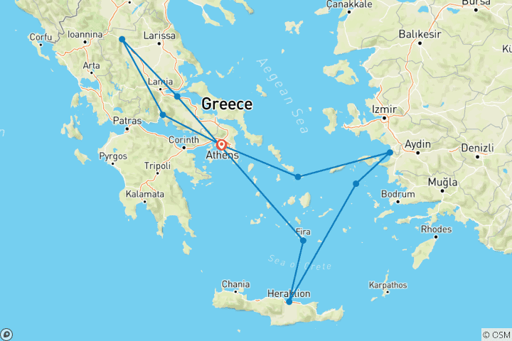 Carte du circuit Athènes, la magnifique mer Égée et le nord de la Grèce Int (10 destinations)