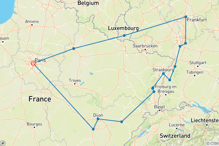 Map of Burgundy, Alsace and Black Forest End Paris