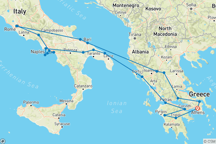 Mapa de Grecia y corazón de Italia con Meteoras (including Corinto)