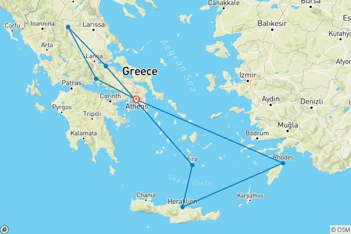 Kaart van Rhodos, Kreta & continentaal Griekenland (8 bestemmingen)