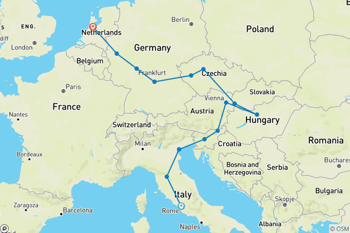 Map of Italy, Central Europe and Romantic Germany