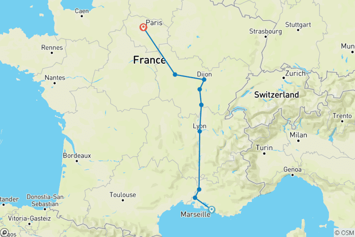 Map of Cote d Azur and Burgundy (9 destinations)