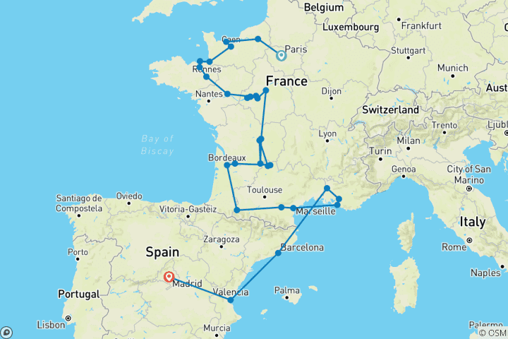 Carte du circuit Normandie, France et Espagne (30 destinations)