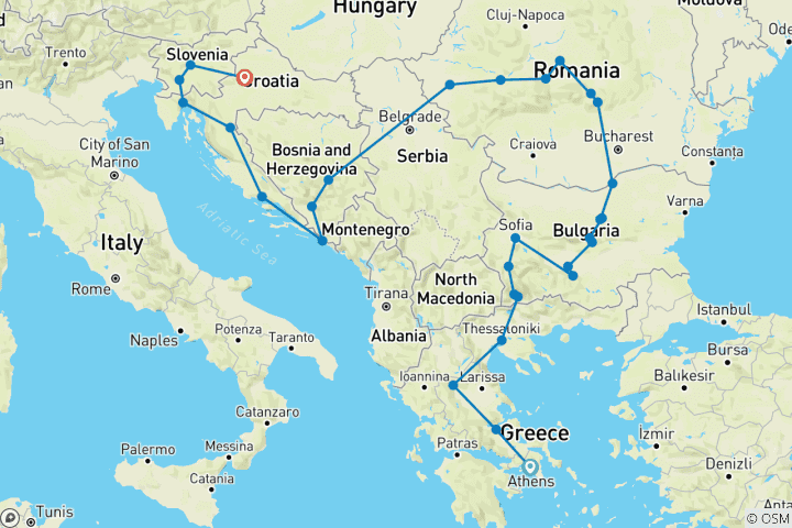 Carte du circuit D'Athènes à Zagreb (72 destinations)