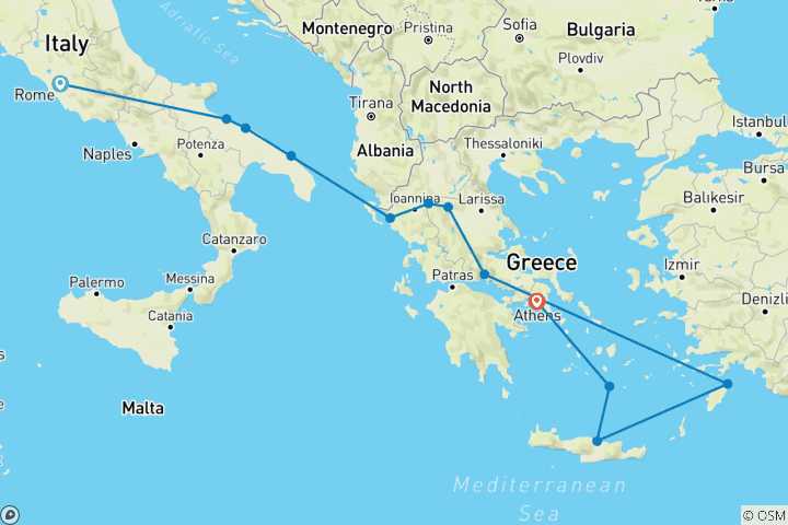 Carte du circuit Rome, les Pouilles, les Météores et les îles grecques (12 destinations)