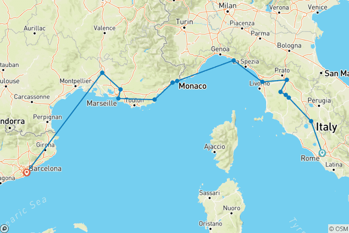 Mapa de Roma, Toscana, costa Azul, Provenza y Barcelona (including Bonito)