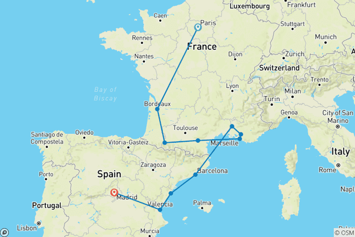 Map of Paris, Lourdes, Côte d Azur, Provence and Barcelona with Madrid (11 destinations)