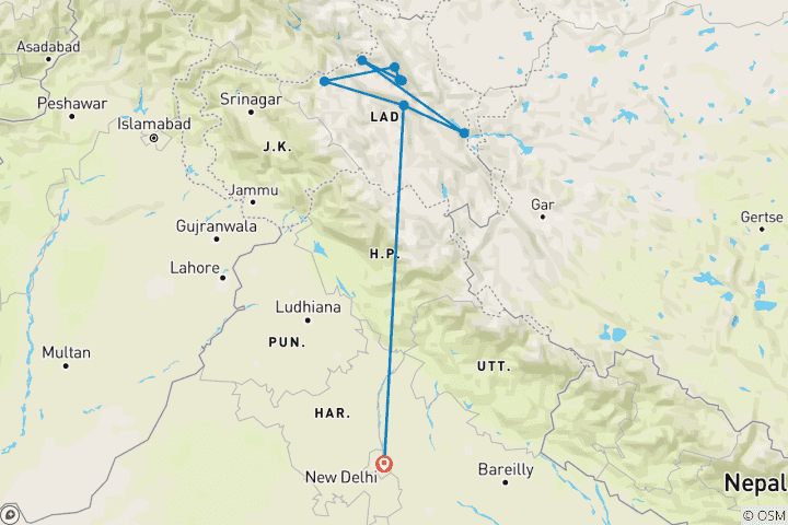 Map of Escorted Ladakh In-Depth Tour from Delhi