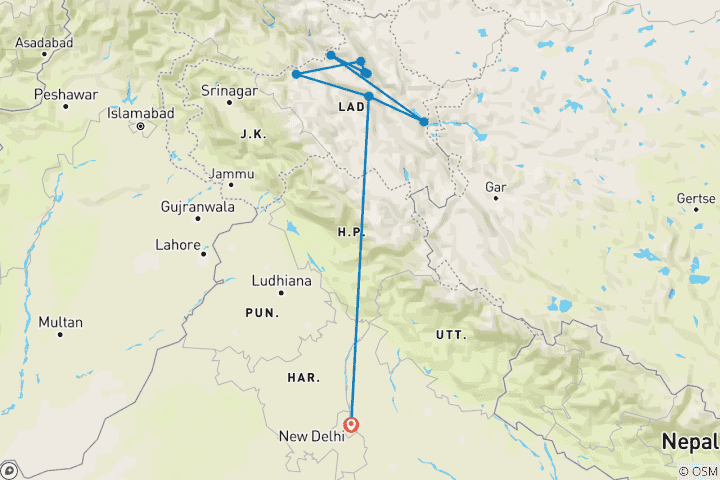 Kaart van Begeleide Ladakh Diepgaande Rondreis door vanuit Delhi